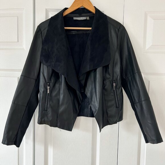Bagatelle Black Faux Suede Leather Waterfall Open Front Jacket Size Small EUC - Picture 2 of 9